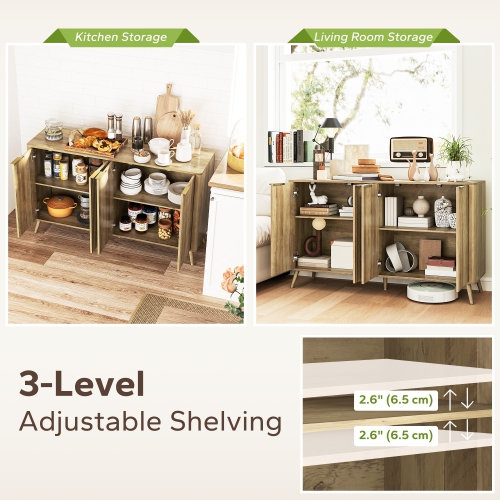 HOMCOM Fluted Sideboard Buffet Cabinet with Storage, 55" Modern Kitchen Coffee Bar Cabinet with 4 Doors, 2 Adjustable Shelves and Wood Legs, Oak