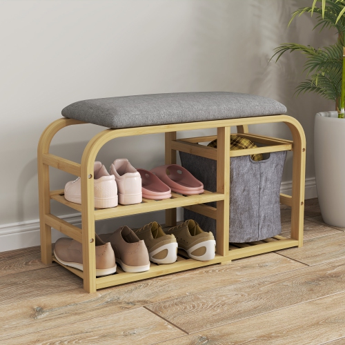HOMCOM Bamboo Shoe Bench, Entryway Bench with Cushion, Shoe Rack, 2 Slatted Shelves and Pull-Out Fabric Basket for Hallway, Living Room, Nature Wood