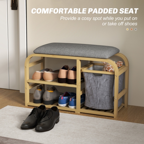 HOMCOM Bamboo Shoe Bench, Entryway Bench with Cushion, Shoe Rack, 2 Slatted Shelves and Pull-Out Fabric Basket for Hallway, Living Room, Nature Wood