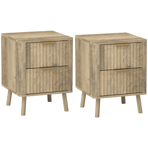 HOMCOM Night Stands Set of 2, Nightstands with Finger Pulls and Fluted Drawers, Modern Nordic Bedside Tables with Round Edges for Bedroom, Oak