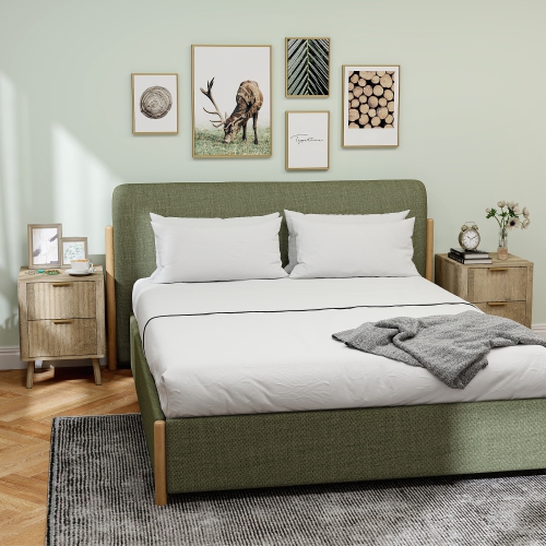 HOMCOM Night Stands Set of 2, Nightstands with Finger Pulls and Fluted Drawers, Modern Nordic Bedside Tables with Round Edges for Bedroom, Oak