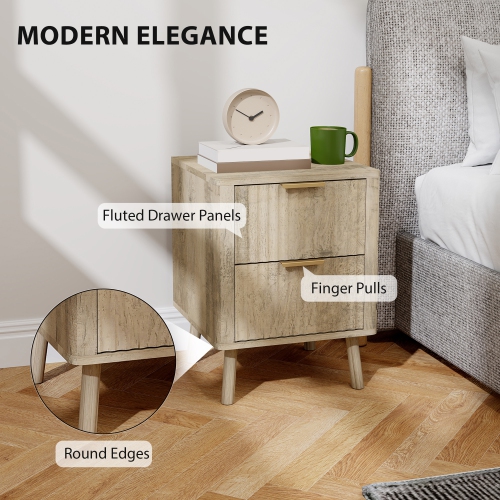 HOMCOM Night Stands Set of 2, Nightstands with Finger Pulls and Fluted Drawers, Modern Nordic Bedside Tables with Round Edges for Bedroom, Oak