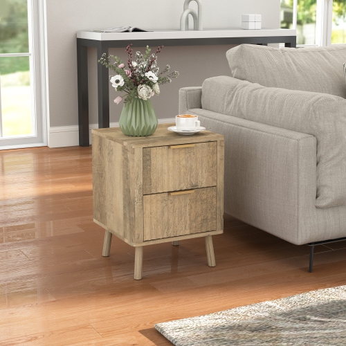 HOMCOM Night Stands Set of 2, Nightstands with Finger Pulls and Fluted Drawers, Modern Nordic Bedside Tables with Round Edges for Bedroom, Oak