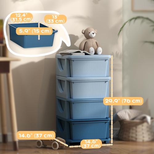 Qaba Kids Toy Storage Organizer with 4 Plastic Bins, 4 Tier Drawer Chest Utility for Kids Bedroom Nursery Kindergarten Living Room for Boys Girls