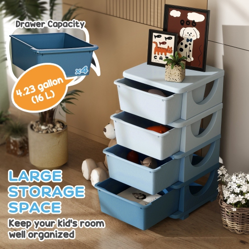 Qaba Kids Toy Storage Organizer with 4 Plastic Bins, 4 Tier Drawer Chest Utility for Kids Bedroom Nursery Kindergarten Living Room for Boys Girls