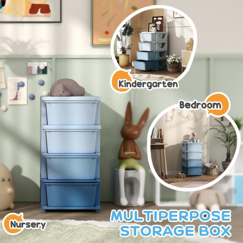 Qaba Kids Toy Storage Organizer with 4 Plastic Bins, 4 Tier Drawer Chest Utility for Kids Bedroom Nursery Kindergarten Living Room for Boys Girls