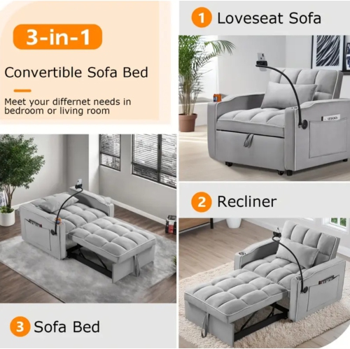 Canapé-lit convertible moderne 3-en-1 BoldDeco avec lit escamotable réglable pour les petits espaces, compartiments de rangement intégrés pour le