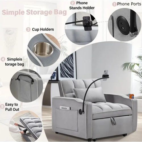 Canapé-lit convertible moderne 3-en-1 BoldDeco avec lit escamotable réglable pour les petits espaces, compartiments de rangement intégrés pour le