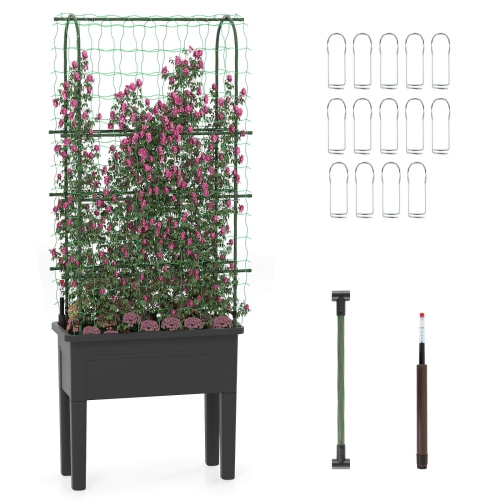 COSTWAY  Raised Garden Bed Planter Box With Climbing Trellis Water Level Indicator