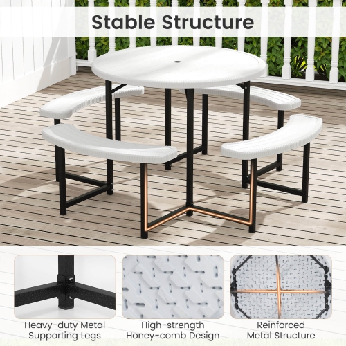 Costway Round Picnic Table Bench Set with 4 Benches Umbrella Hole All Weather Tabletop White/Green/Gray/Black
