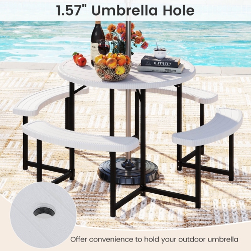 Costway Round Picnic Table Bench Set with 4 Benches Umbrella Hole All Weather Tabletop White/Green/Gray/Black