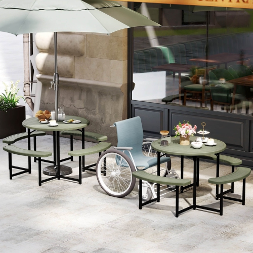 Costway Round Picnic Table Bench Set with 4 Benches Umbrella Hole All Weather Tabletop White/Green/Gray/Black