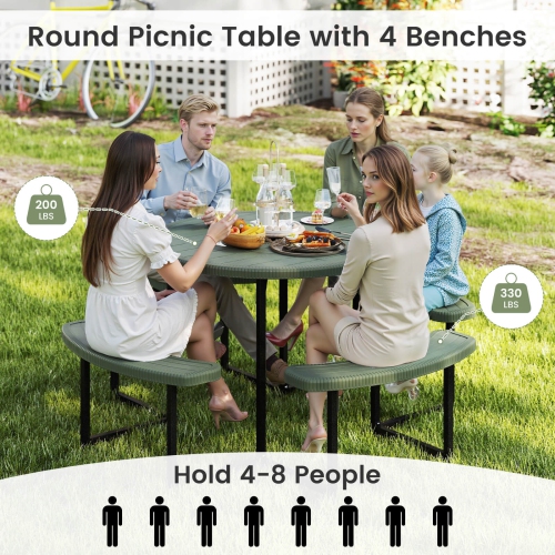 Costway Round Picnic Table Bench Set with 4 Benches Umbrella Hole All Weather Tabletop White/Green/Gray/Black