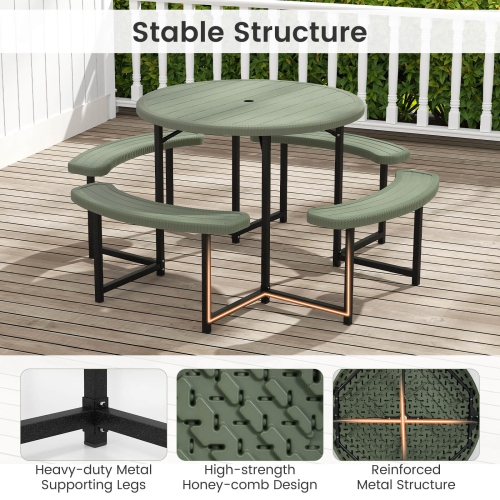Costway Round Picnic Table Bench Set with 4 Benches Umbrella Hole All Weather Tabletop White/Green/Gray/Black
