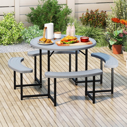 COSTWAY  Round Picnic Table Bench Set With 4 Benches Umbrella Hole All Weather Tabletop White/green/gray/black