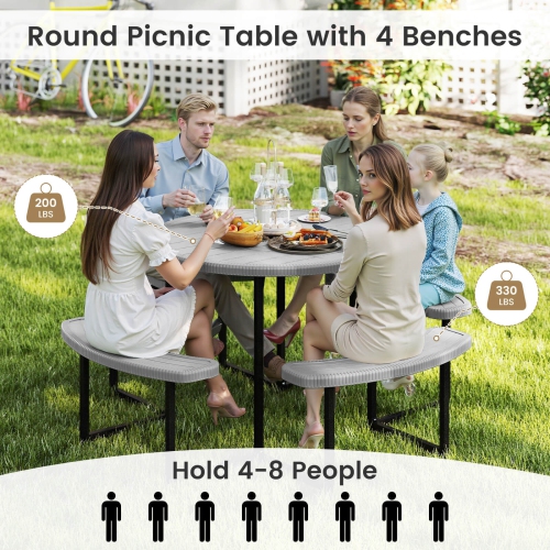 Costway Round Picnic Table Bench Set with 4 Benches Umbrella Hole All Weather Tabletop White/Green/Gray/Black
