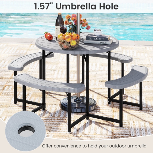 Costway Round Picnic Table Bench Set with 4 Benches Umbrella Hole All Weather Tabletop White/Green/Gray/Black