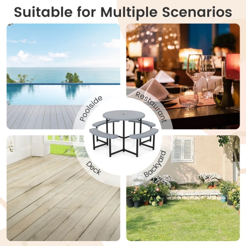 Costway Round Picnic Table Bench Set with 4 Benches Umbrella Hole All Weather Tabletop White/Green/Gray/Black