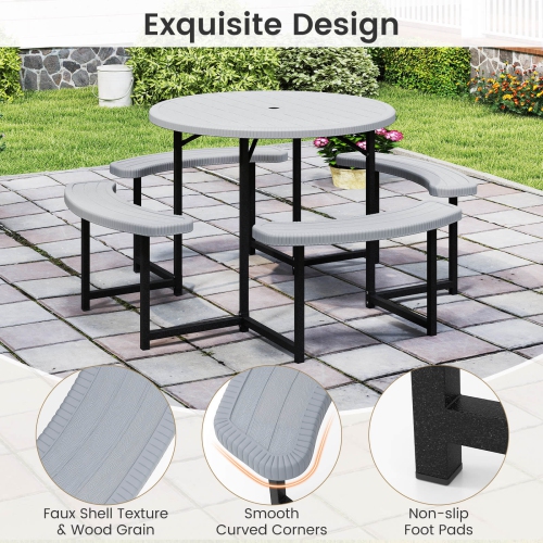 Costway Round Picnic Table Bench Set with 4 Benches Umbrella Hole All Weather Tabletop White/Green/Gray/Black
