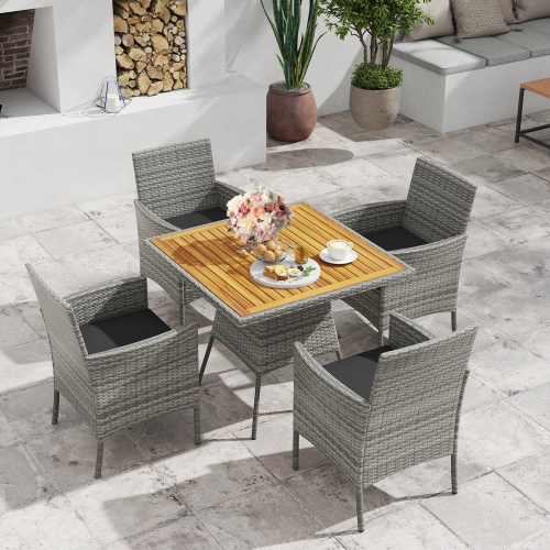 COSTWAY  5 Pieces Pe Wicker Patio Dining Set With Cushions And 1.97" Umbrella Hole