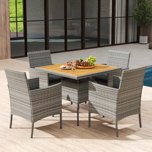 Costway 5 Pieces PE Wicker Patio Dining Set with Cushions and 1.97" Umbrella Hole