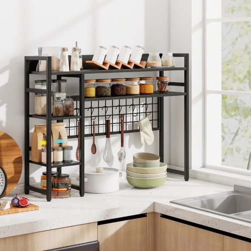 Costway Desk Shelf 4-Tier Desktop Display Rack with Metal Grid Panel & 6 Hooks Brown/Black