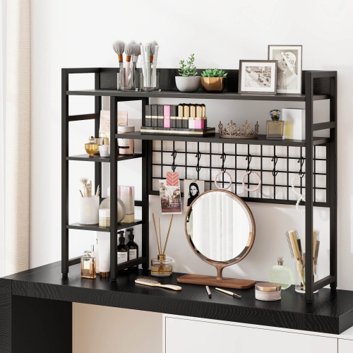 Costway Desk Shelf 4-Tier Desktop Display Rack with Metal Grid Panel & 6 Hooks Brown/Black