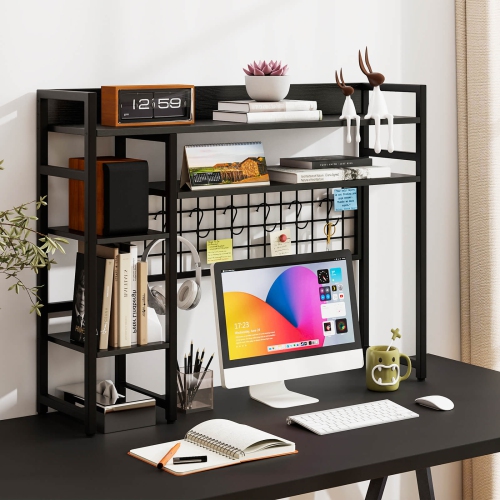Costway Desk Shelf 4-Tier Desktop Display Rack with Metal Grid Panel & 6 Hooks Brown/Black