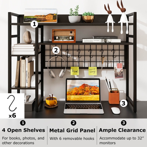 Costway Desk Shelf 4-Tier Desktop Display Rack with Metal Grid Panel & 6 Hooks Brown/Black