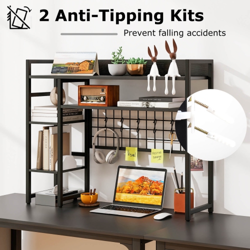 Costway Desk Shelf 4-Tier Desktop Display Rack with Metal Grid Panel & 6 Hooks Brown/Black