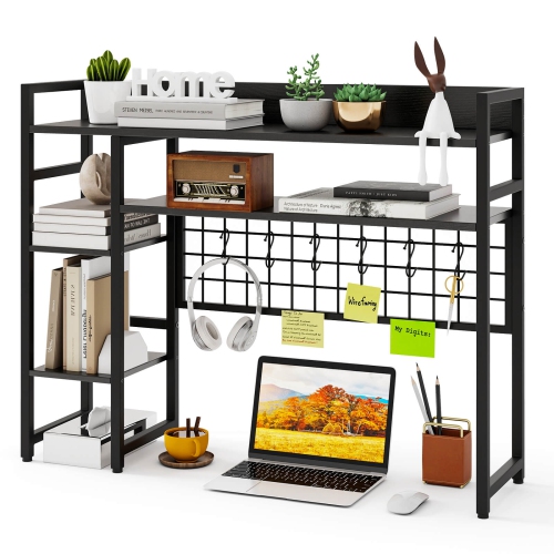 Costway Desk Shelf 4-Tier Desktop Display Rack with Metal Grid Panel & 6 Hooks Brown/Black