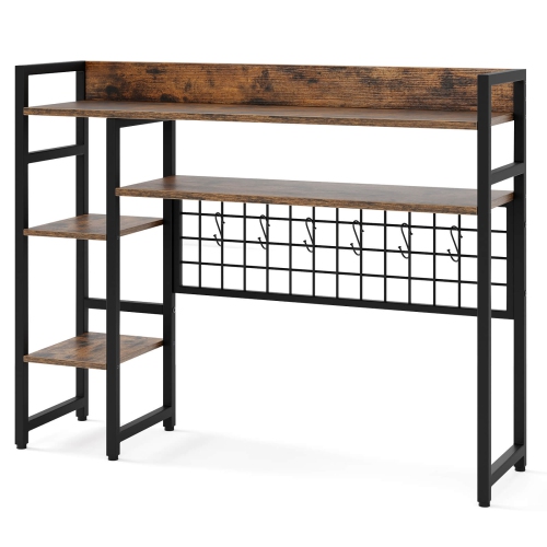 Costway Desk Shelf 4-Tier Desktop Display Rack with Metal Grid Panel & 6 Hooks Brown/Black