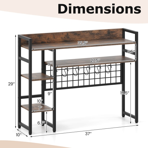 Costway Desk Shelf 4-Tier Desktop Display Rack with Metal Grid Panel & 6 Hooks Brown/Black