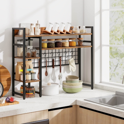 Costway Desk Shelf 4-Tier Desktop Display Rack with Metal Grid Panel & 6 Hooks Brown/Black