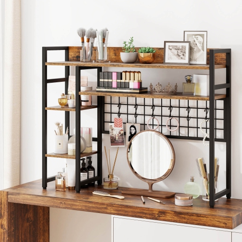 Costway Desk Shelf 4-Tier Desktop Display Rack with Metal Grid Panel & 6 Hooks Brown/Black