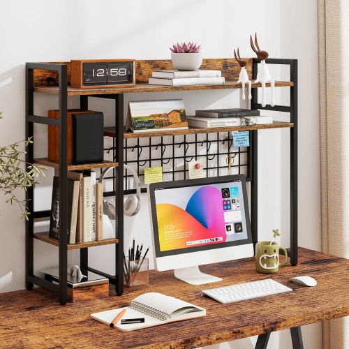 Costway Desk Shelf 4-Tier Desktop Display Rack with Metal Grid Panel & 6 Hooks Brown/Black