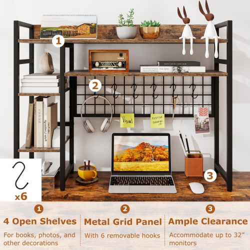 Costway Desk Shelf 4-Tier Desktop Display Rack with Metal Grid Panel & 6 Hooks Brown/Black