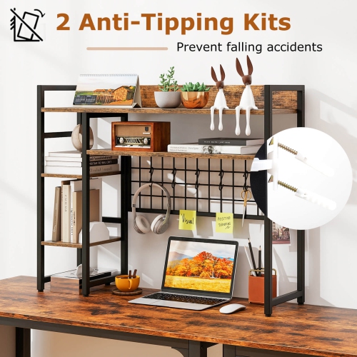 Costway Desk Shelf 4-Tier Desktop Display Rack with Metal Grid Panel & 6 Hooks Brown/Black