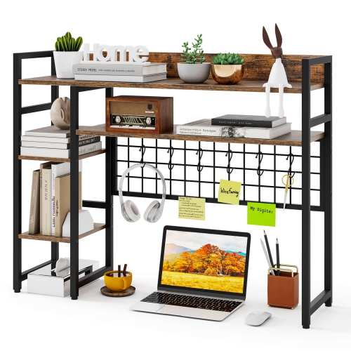 Costway Desk Shelf 4-Tier Desktop Display Rack with Metal Grid Panel & 6 Hooks Brown/Black