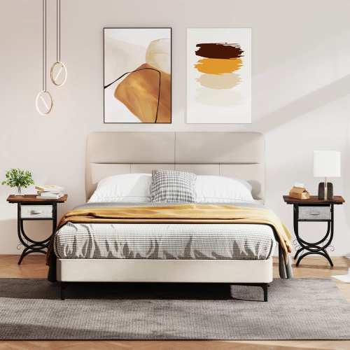 Costway 1/2 PCS Side Table with Fabric Drawer Carved Metal Frame Industrial End Table Nightstand