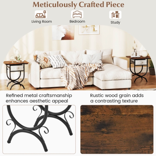 Costway 1/2 PCS Side Table with Fabric Drawer Carved Metal Frame Industrial End Table Nightstand