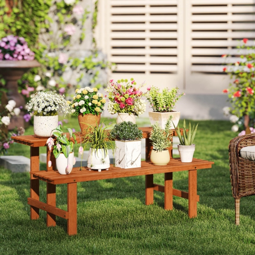 Costway 2 Tier Wood Plant Stand with Teak Oil Finish Indoor & Outdoor Flower Pot Holder