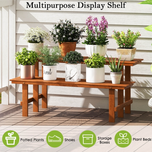 Costway 2 Tier Wood Plant Stand with Teak Oil Finish Indoor & Outdoor Flower Pot Holder