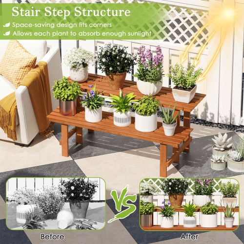 Costway 2 Tier Wood Plant Stand with Teak Oil Finish Indoor & Outdoor Flower Pot Holder