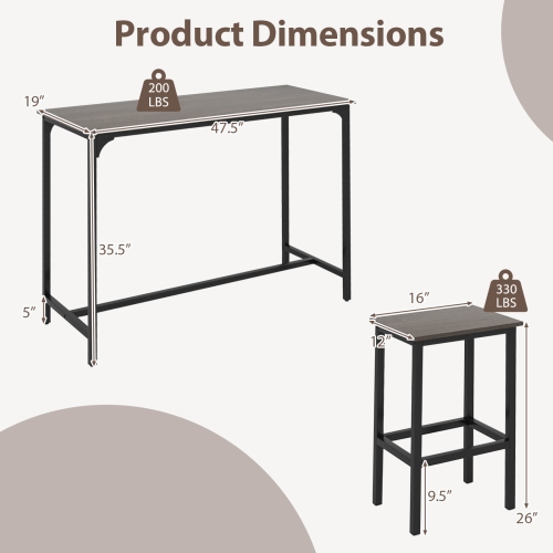 Costway 3 PCS Counter Height Table Set with Footrests Rectangular Pub Table & Chairs Brown/Gray/Black