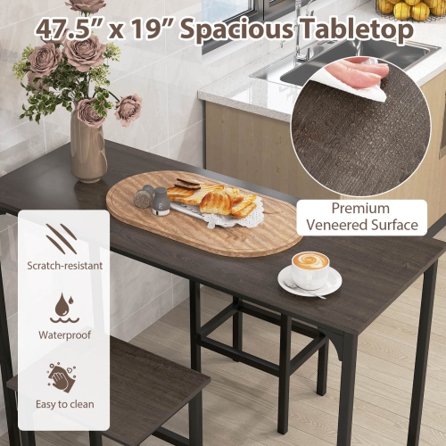 Costway 3 PCS Counter Height Table Set with Footrests Rectangular Pub Table & Chairs Brown/Gray/Black