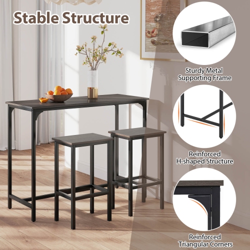 Costway 3 PCS Counter Height Table Set with Footrests Rectangular Pub Table & Chairs Brown/Gray/Black