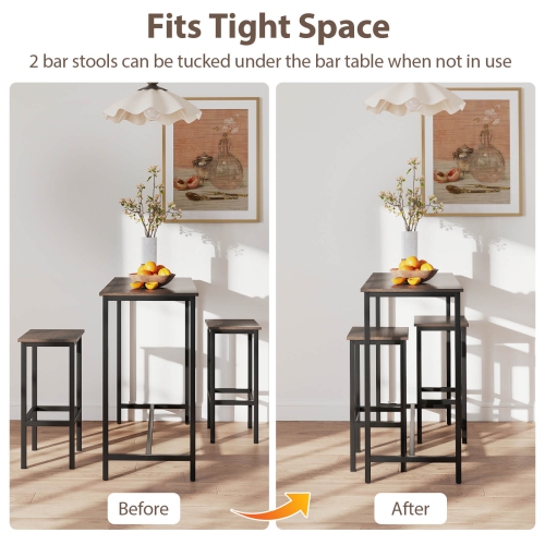 Costway 3 PCS Counter Height Table Set with Footrests Rectangular Pub Table & Chairs Brown/Gray/Black