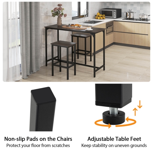Costway 3 PCS Counter Height Table Set with Footrests Rectangular Pub Table & Chairs Brown/Gray/Black