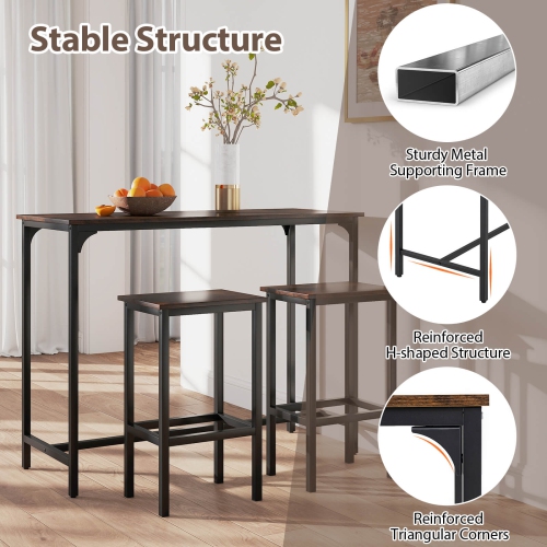 Costway 3 PCS Counter Height Table Set with Footrests Rectangular Pub Table & Chairs Brown/Gray/Black
